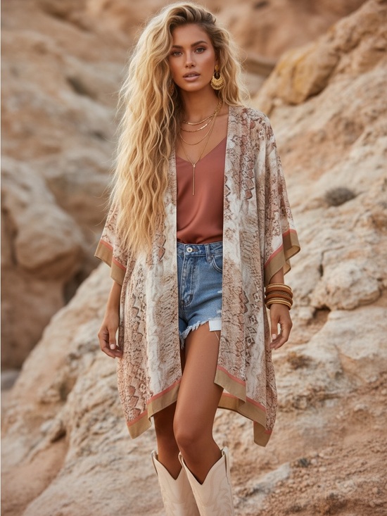 Camden Layne Other - Caden Lane Neutral Snake-Print Kimono with Rust Trim
